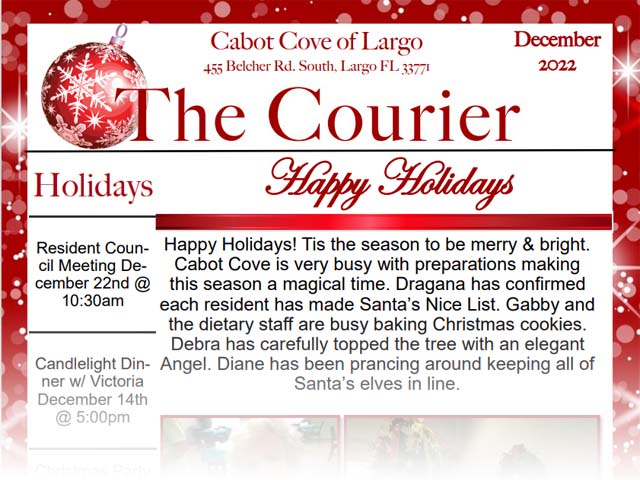 Cabot Cove of Largo Assisted Living Community newsletter December 2022