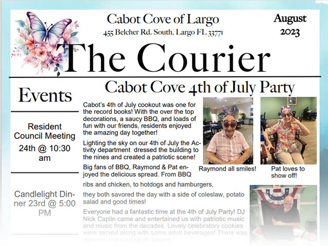 assisted living community newsletter Cabot Cove of Largo August 2023