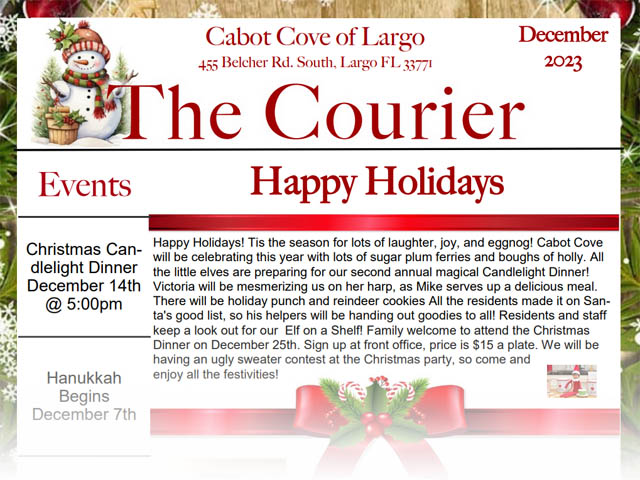 assisted living newsletter december 2023 Cabot Cove of Largo
