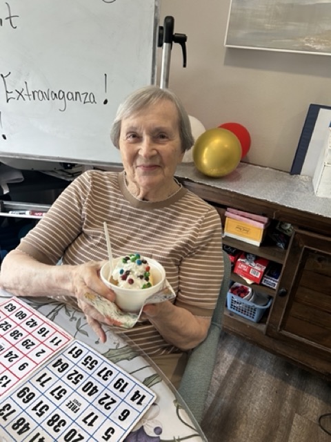 senior resident with her ice cream